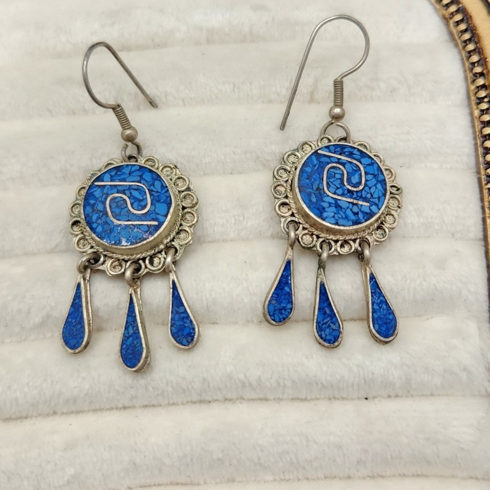 Vintage Alpaca Mexico Blue Crushed Stone Inlay Chandelier Dangle Earrings Boho
